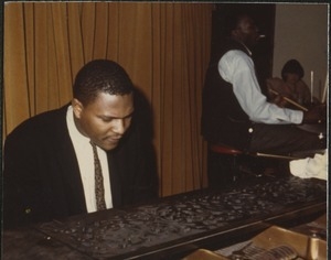 McCoy Tyner (piano) and Elvin Jones (drums, in rear) performing at the Jazz Workshop