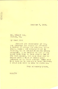 Letter from W. E. B. Du Bois to Edward Bok