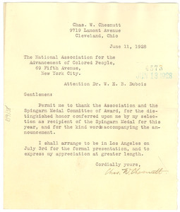 Letter from Charles W. Chesnutt to the NAACP