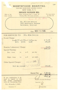 Invoice from Montefiore Hospital to W. E. B. Du Bois