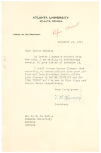 Memo from T. B. Kenney to W. E. B. Du Bois