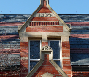 Merriam-Gilbert Public Library: exterior view, detail of stonework
