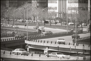 Views of Boston: cars on roadway leading to east entrance to Memorial Drive