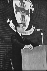 Governor Volpe and Elliot Richardson at Boston University: John Volpe speaking at a podium