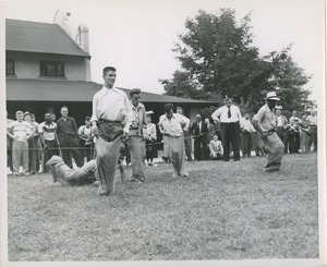 Sack racing during annual outing