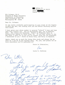Correspondence Between Lou Sullivan, Eli Coleman, and Walter Bockting (August 1987)