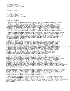 Letter to Virginia Prince, April 4, 1980