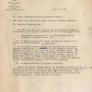 Letter from Carmen Pola to the Mayor's Employment and Trainlng Advisory Council, detailing the recommendations of the Ethnic Linguistic Minorities Committee