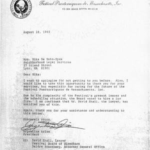 Letter from Argentina Arias, President of the Festival Puertorriqueño de Massachusetts, to Rita De Soto-Epex, of Neighborhood Legal Services, thanking her for her assistance