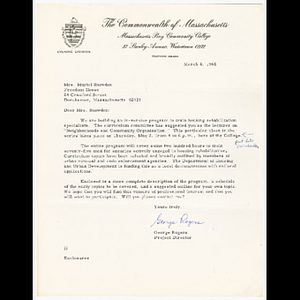 Letter from George Rogers to Mrs. Snowden about her role as lecturer for neighborhoods and community organizations class and the Rehabilitation Specialist Program