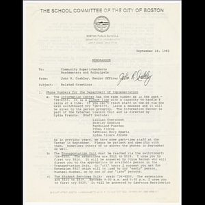 Memorandum from John R. Coakley to superintendents and heads of schools about the Department of Implementation