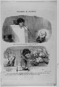 Pierre Leroux osant apostropher le demi-dieu Barrot. Pierre Leroux ayant exposé à la tribune ses doctrines sociales, non moins embrouillées que ses cheveux, reçoit des poignées de mains de ses amis qui, de la sorte, ont l'air de l'avoir compris.