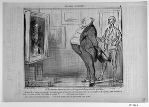Mr. Prudhomme visitant les ateliers à l'approche de l'exposition de peinture. - Je ne saurais me tromper, c'est un paysage.... charmant, charmant.. si j'avais embrassé l profession d'artiste, je n'aurais peint que des paysages, c'est plus décent mais pourquoi ce soleil a-t-il si peu de rayons?...... - Parceque c'est la lune!..... - Ah!.... charmant, charmant, charmant.... voilà de ces tableaux que l'on peut montrer aux dames!...