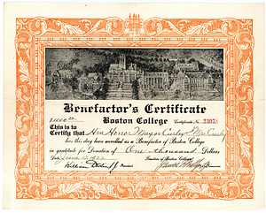 Boston College Benefactor's Certificate from A Swing Through America for Roosevelt scrapbook