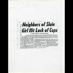 Photocopy of Boston Record American article, Neighbors of slain girl hit lack of cops