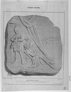 ACHILLE SOUS SA TENTE. De Briséis en pleurs se rappelant les charmes Le héros se plaisait en sa morne douleur. Et vraiment Patrocle en fourbissant ses armes, Tentait de ranimer sa bouillante valeur. Trad. discrète du Président P.... Ce précieux bas relief a été découvert dans les ruines de l'antique Boule rouge (faubg. Mont.re) par notre infatiguable voyageur Mr. Charles Texier Selon Mr. Ingres, Phidias, seul peut en être l'auteur.