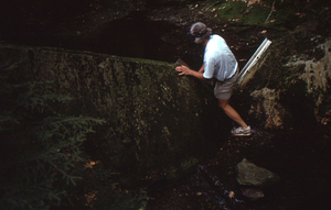 Weir Day 10 August 1993. David Dethier climbing through the v-notch.