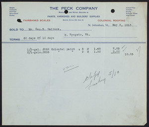 Billhead for The Peck Company, wholesale and retail dealers in paints, varnishes and builders' supplies, St. Johnsbury, Vermont, dated May 2, 1913