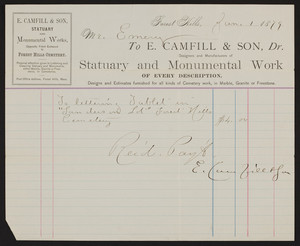 Billhead for E. Camfill & Son, Dr., statuary and monumental work, Forest Hills, Mass., January 1, 1879