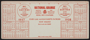 Trade cards for the National Grange Mutual Liability Company, National Grange Fire Insurance Company, Keene, New Hampshire, 1937-1938