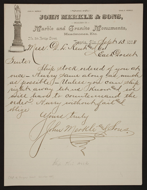 Letterhead for John Merkle & Sons, marble and granite monuments, No.214 Bridge Street, Peoria, Illinois, dated September 13, 1888