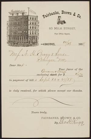 Receipt for Fairbanks, Brown & Co., 83 Milk Street, Boston, Mass., dated October 18, 1888