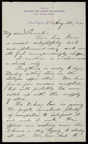 [Bernard R.] Green to Thomas Lincoln Casey, August 13, 1892