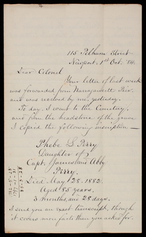 William R. Babcock to Thomas Lincoln Casey, October 1, 1884