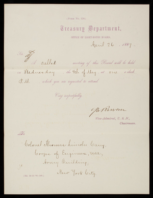 Office of the Light-House Board to Thomas Lincoln Casey, April 26, 1887