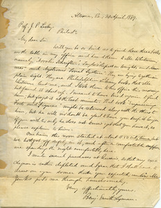 Letter from Benjamin Smith Lyman to Prof. J. P. Lesley, Philad.