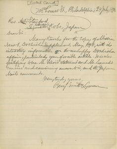 Letter from Benjamin Smith Lyman to Arthur W. Stanford
