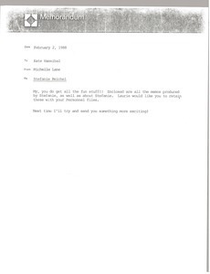 Memorandum from Michelle Lane to Kate Hannibal