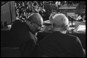 Panelists Isaac Deutscher (left) and Hans J. Morgenthau talking at the National Teach-in on the Vietnam War