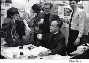 Malcolm Boyd at Boston University: Boyd (seated) in the BU News room with (l-r) Raymond Mungo, Joe Pilati and two unidentified men