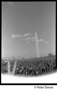 Flashing a peace sign above the crowd, with Washington Monument in the background: Vietnam Moratorium march on Washington
