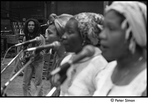 Bob Marley and the Wailers rehearsing: (r-l) Marcia Griffiths, Rita Marley, Judy Mowatt, Bob Marley