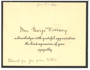Thank you card from Mrs. George Dorsey to W. E. B. Du Bois
