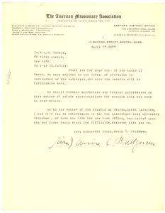 Letter from Annie C. Bridgman to W. E. B. Du Bois