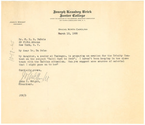 Letter from John C. Wright to W. E. B. Du Bois