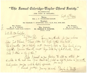 Letter from The Samuel Coleridge-Taylor Choral Society to W. E. B. Du Bois
