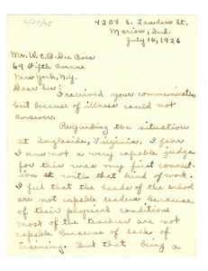 Letter from Leora Van Matre to W. E. B. Du Bois