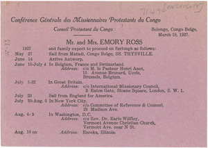 Furlough schedule for Mr. and Mrs. Emory Ross