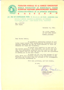 Letter from World Federation of Democratic Youth to W. E. B. Du Bois