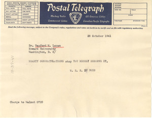 Telegram from W. E. B. Du Bois to Rayford W. Logan