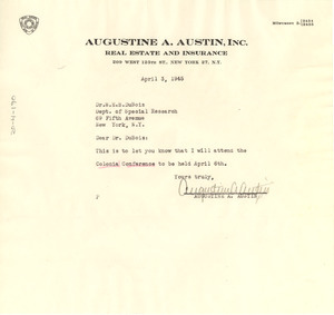 Letter from Augustine A. Austin to W. E. B. Du Bois