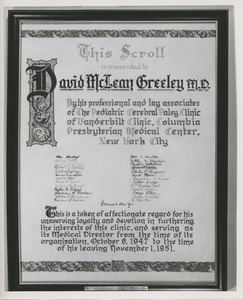 Award scroll for David McLean Greeley