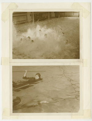 Two photographs of soldiers swimming in McCurdy pool (1942)