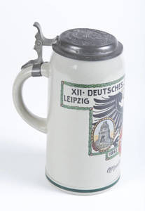 Stoneware stein commemorating 1913 Leipzig Turnfest, signed by Franz Ringer