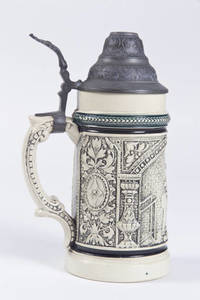 Pottery relief stein with pommel horse, barbells, and Turner