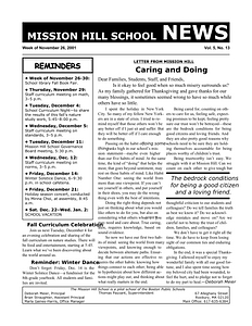 Mission Hill School newsletter, November 26, 2001